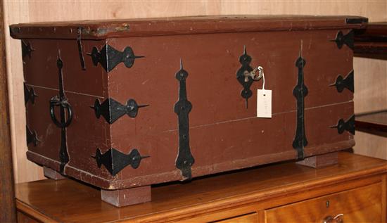 A North European painted iron bound trunk, W.83cm